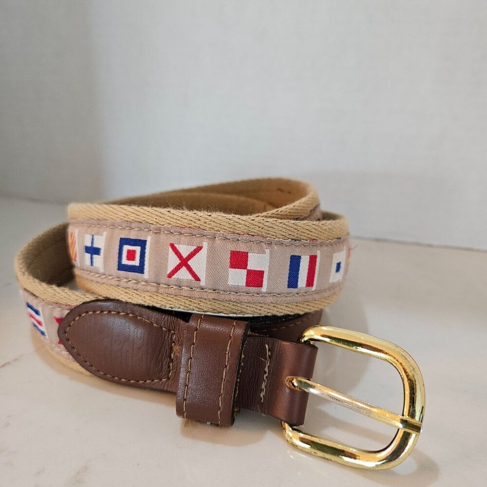 Nautical‎ Flag Pattern Fabric Belt  Leather Accents Gold Buckle 45" - 48"